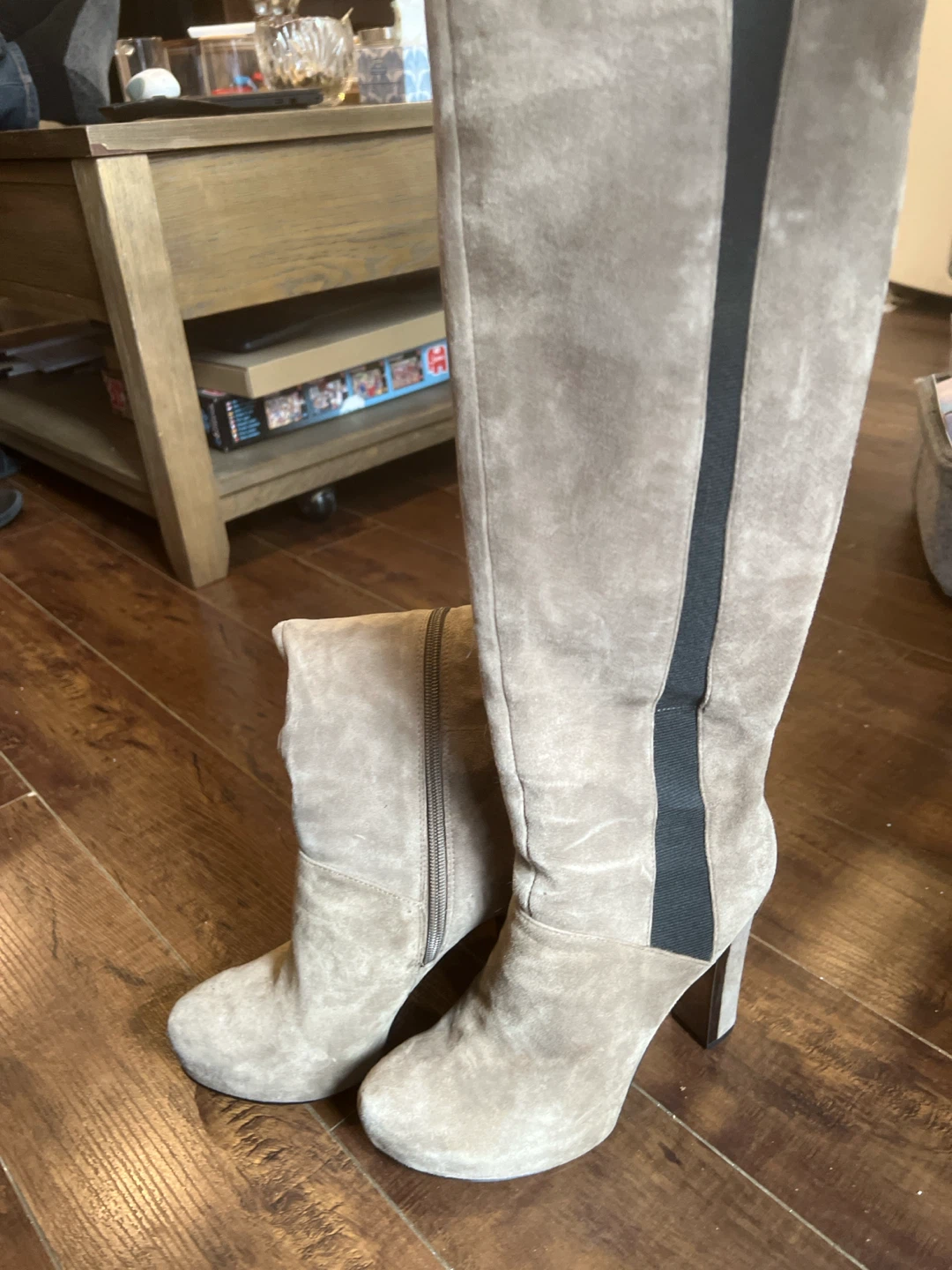 Guess Grey Suede Tall Boots with Black Stripe