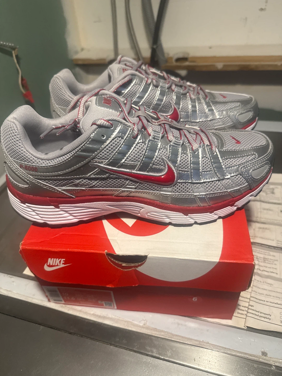Nike P-6000 Running Shoes Silver Red Size 10