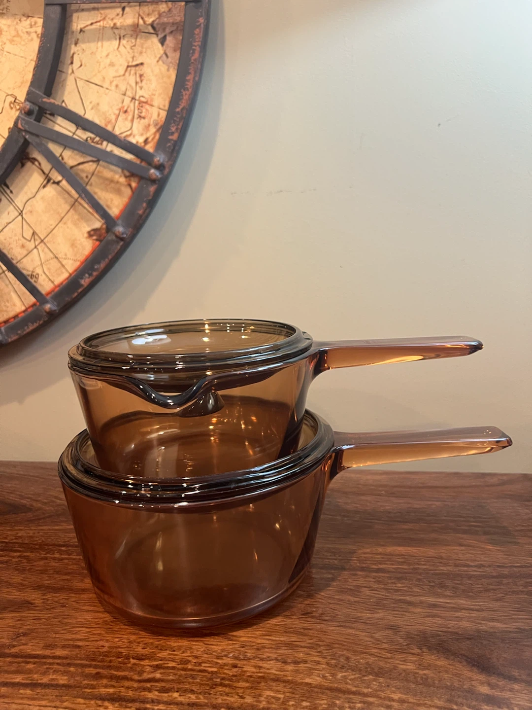 Vintage Vision Amber Glass Saucepan Set