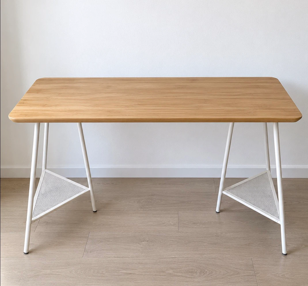 Bamboo top writing desk with white metal legs