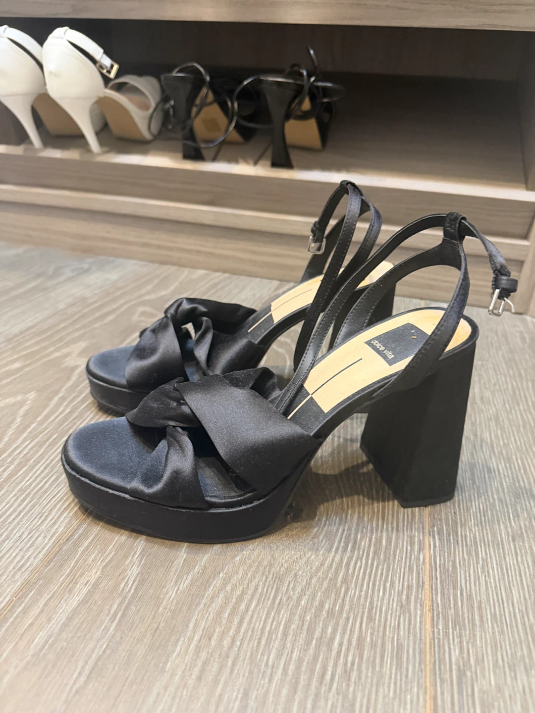 Dolce Vita Black Satin Platform Heels – Size 7.5