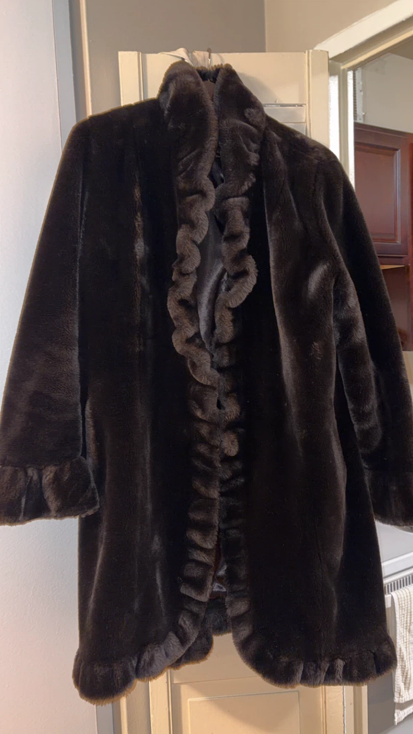 Brown Faux Fur Coat with Ruffle Trim