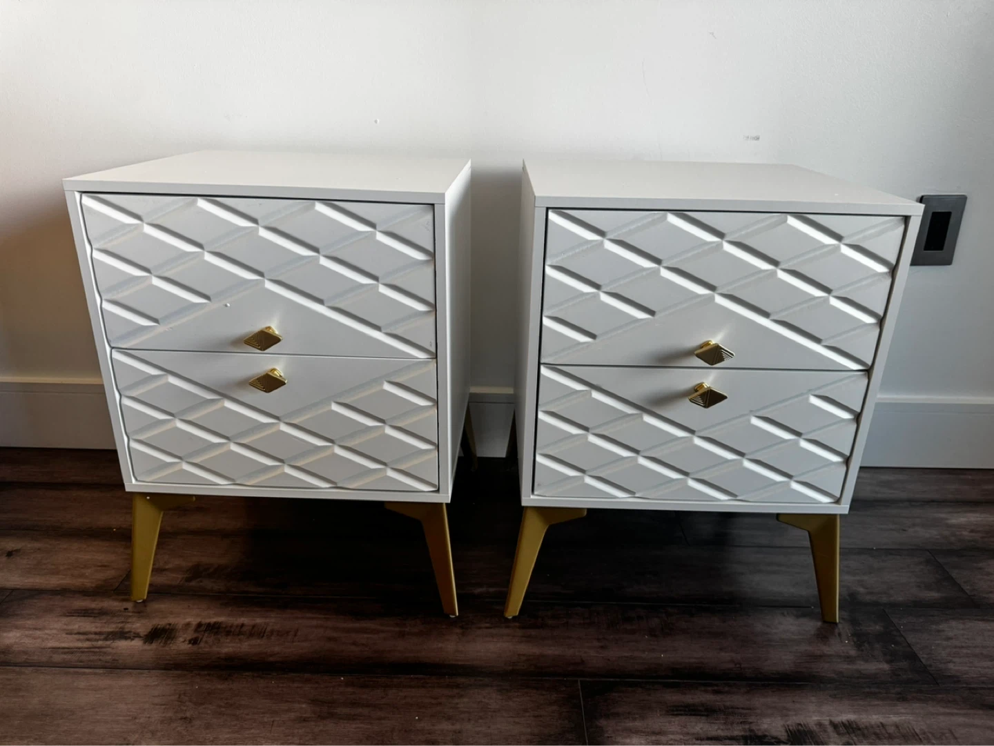 Set of Two White Nightstands with Gold Legs
