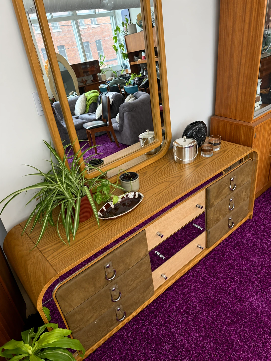 Vintage Postmodern Oak, Suede + Mirrored Arched Dresser - photo 2