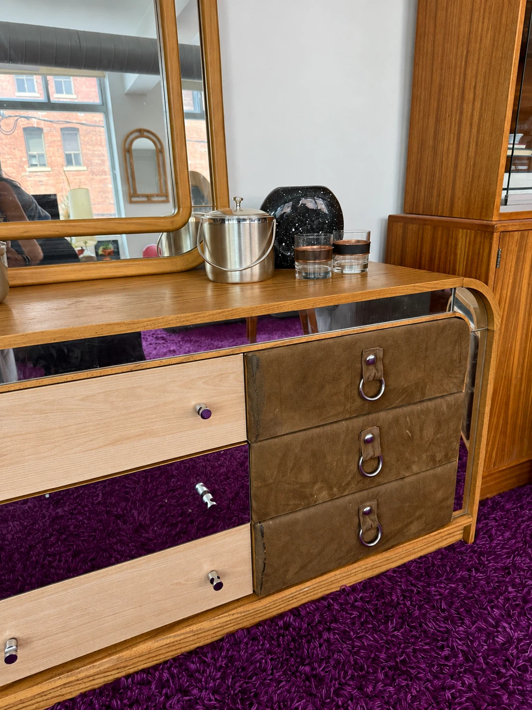 Vintage Postmodern Oak, Suede + Mirrored Arched Dresser - photo 3