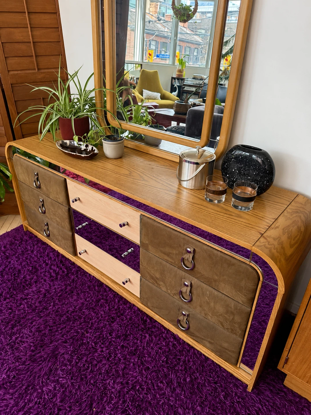Vintage Postmodern Oak, Suede + Mirrored Arched Dresser - photo 4