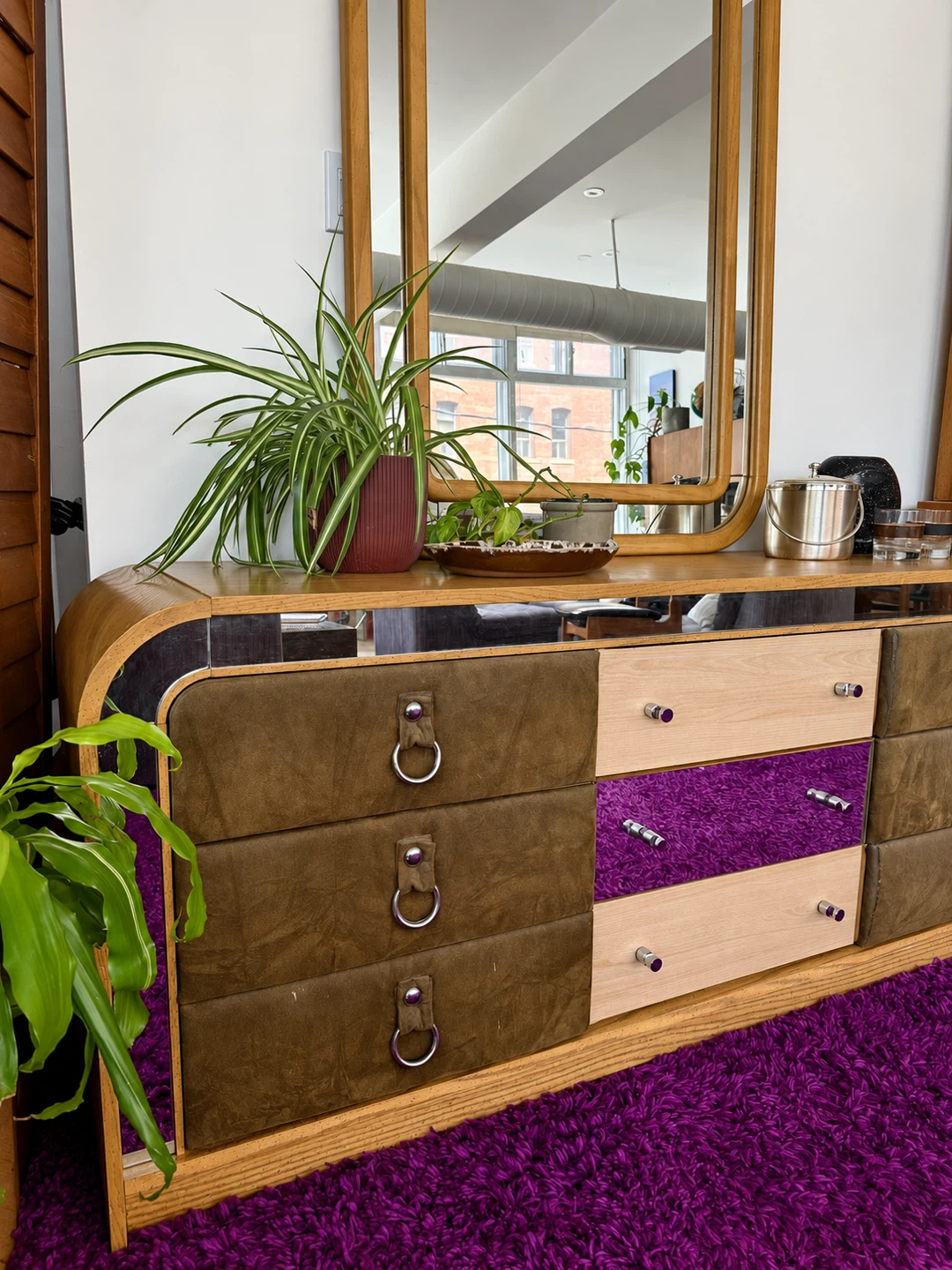 Vintage Postmodern Oak, Suede + Mirrored Arched Dresser - photo 5