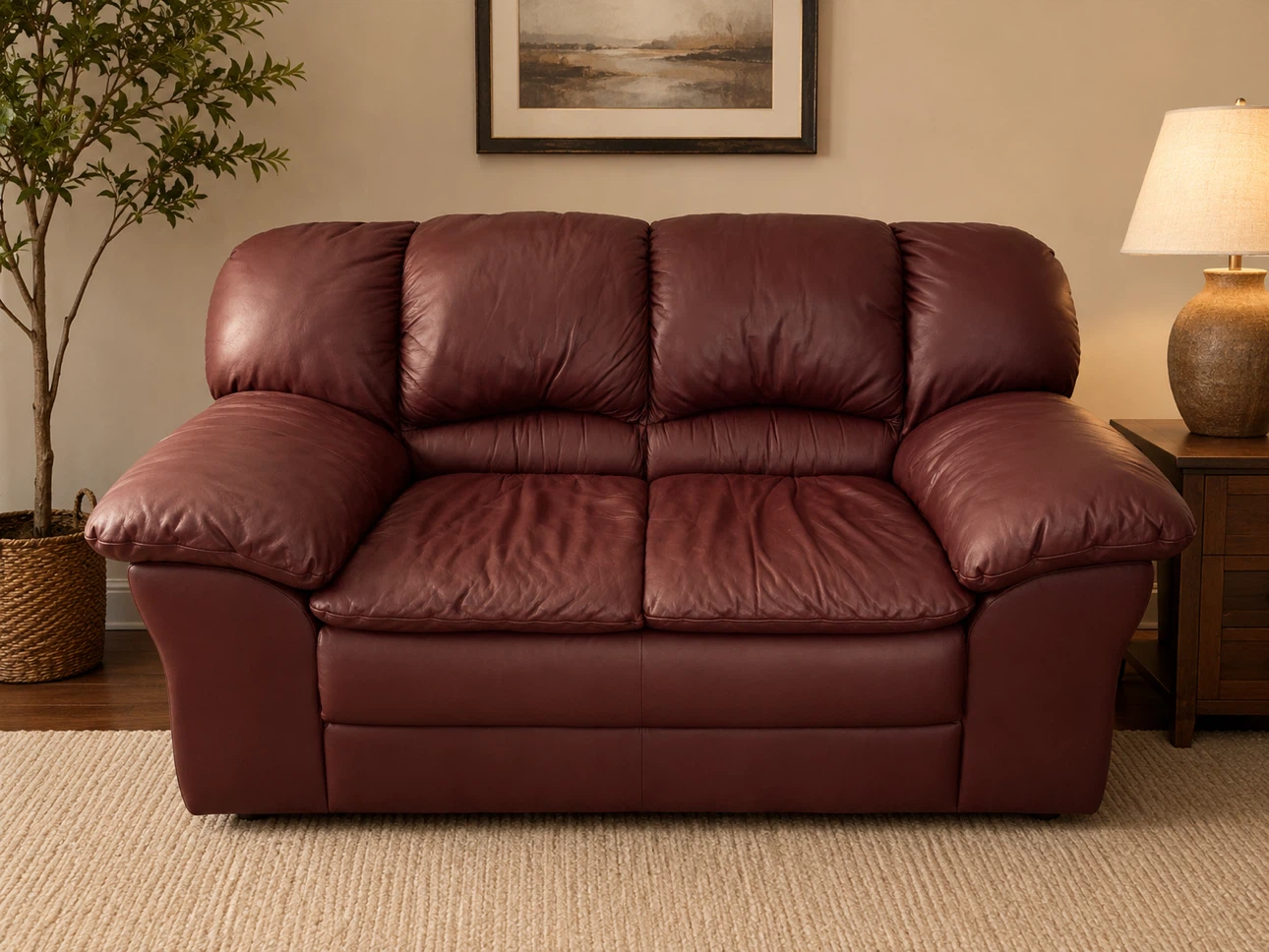 Burgundy Leather Sofa Set - photo 2
