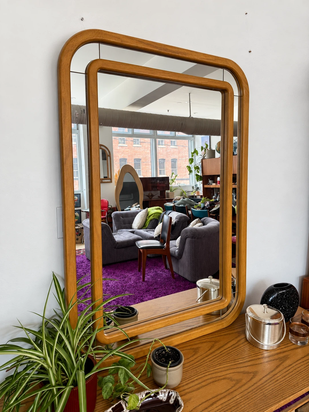 Vintage 1980s Postmodern Curved Oak Statement Mirror