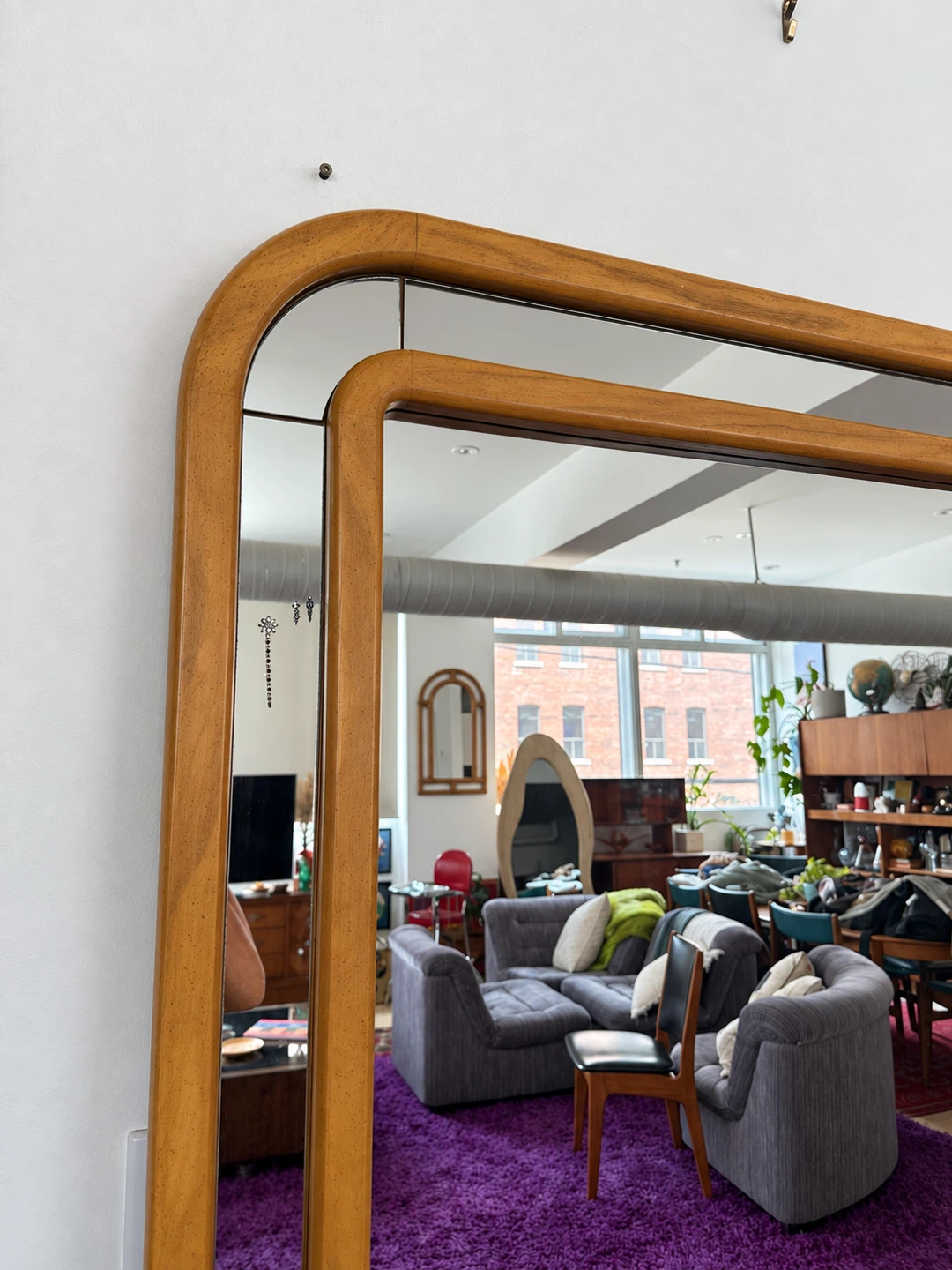 Vintage 1980s Postmodern Curved Oak Statement Mirror - photo 4