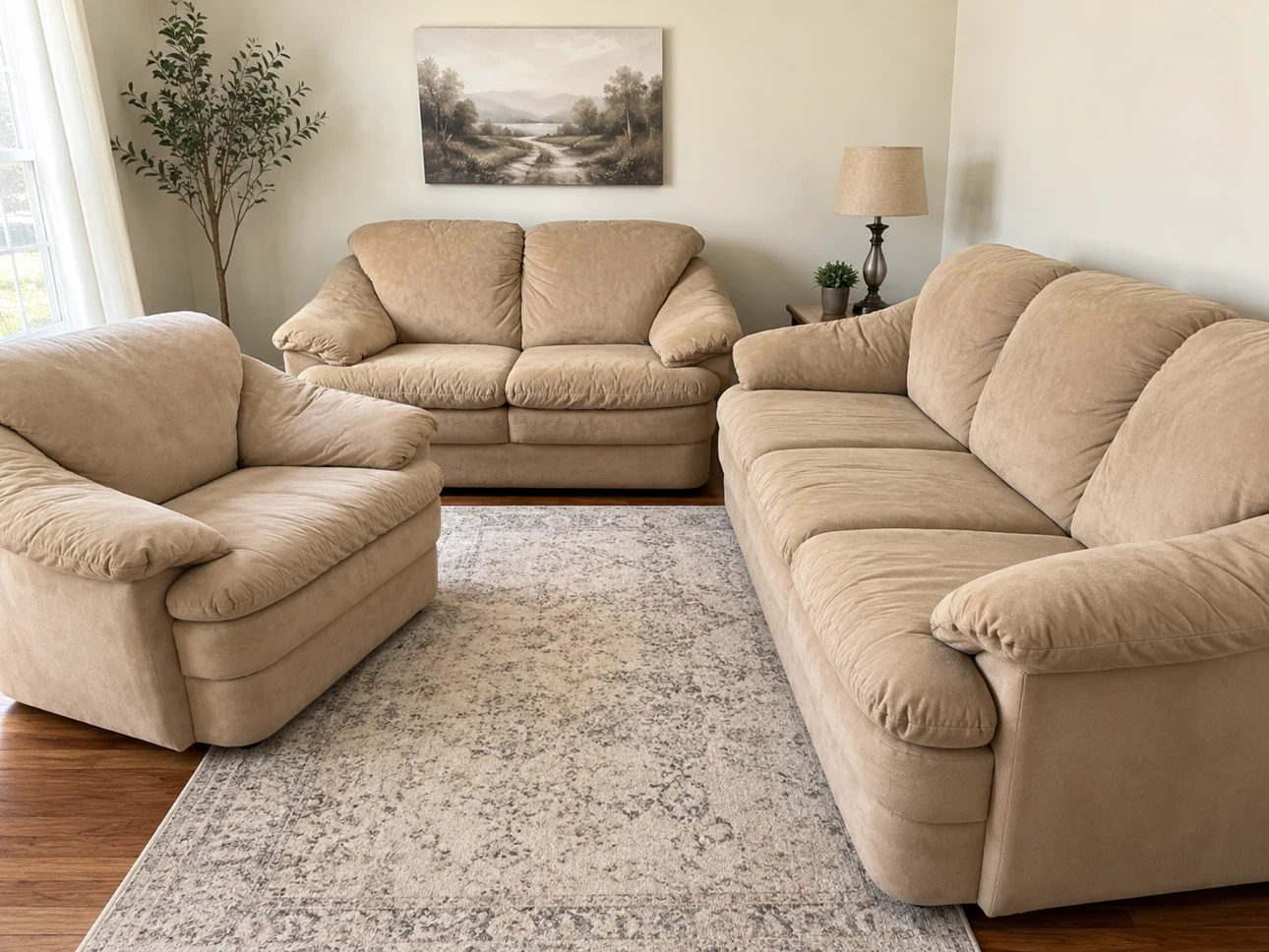 Beige Suede-Look Living Room Sofa Set