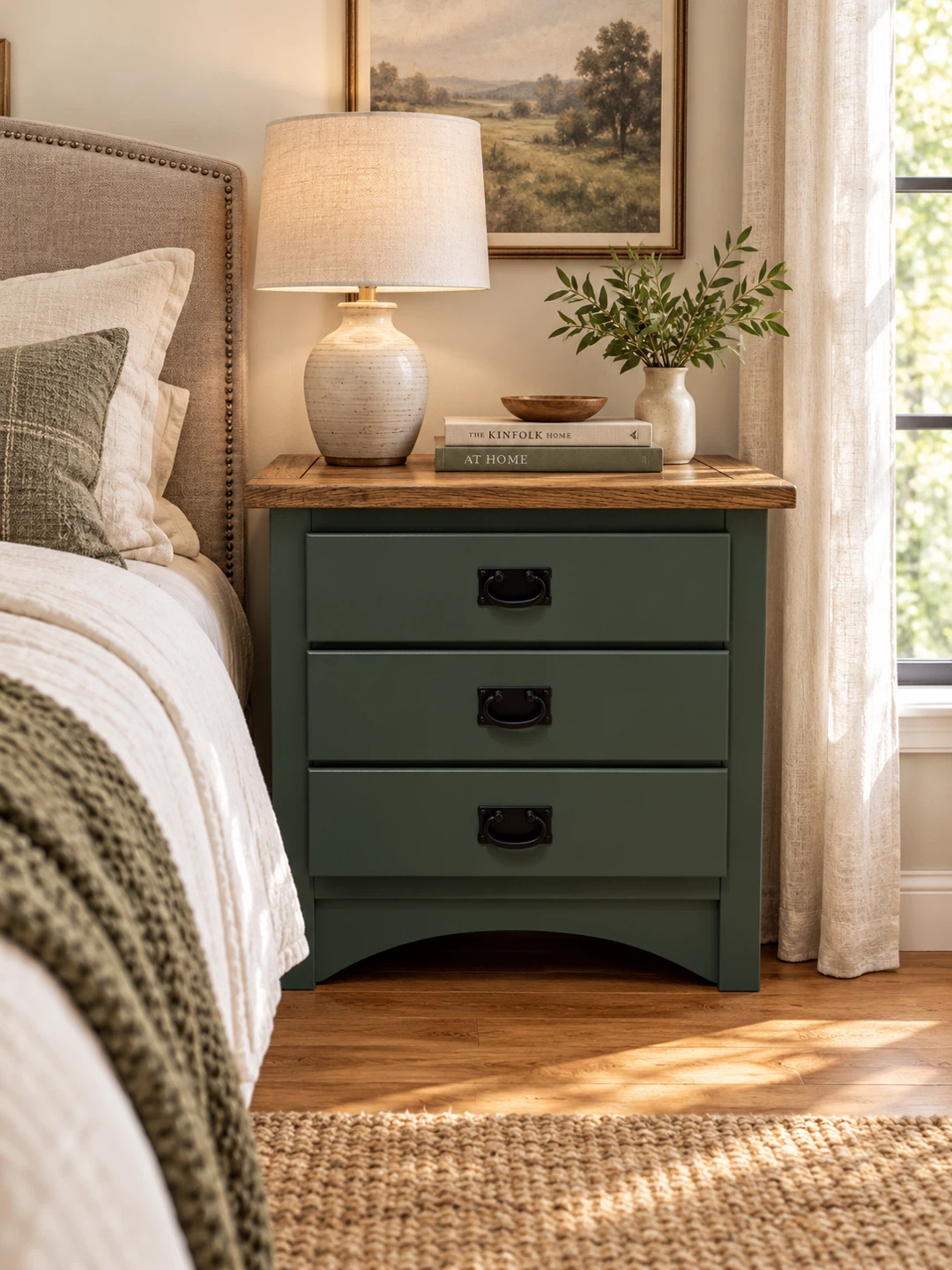 Dark Green Nightstand with 2 Drawers