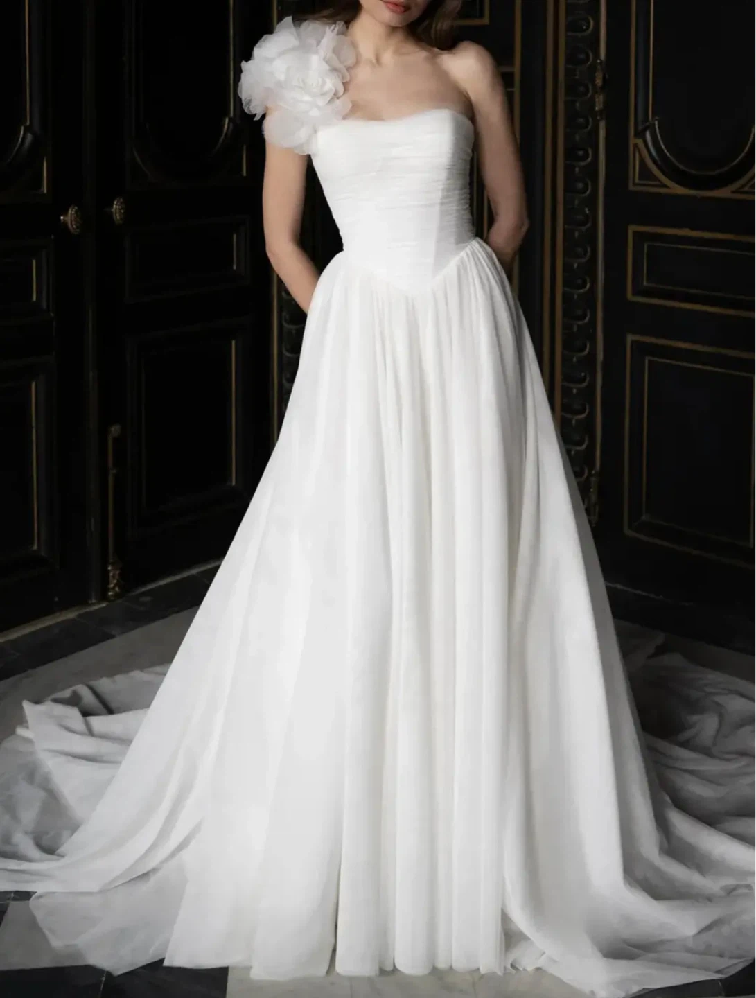 White Strapless Wedding Dress with Floral Shoulder Detail