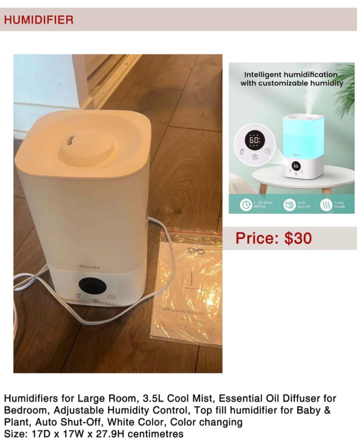 Pharata 3.5L Ultrasonic Humidifier