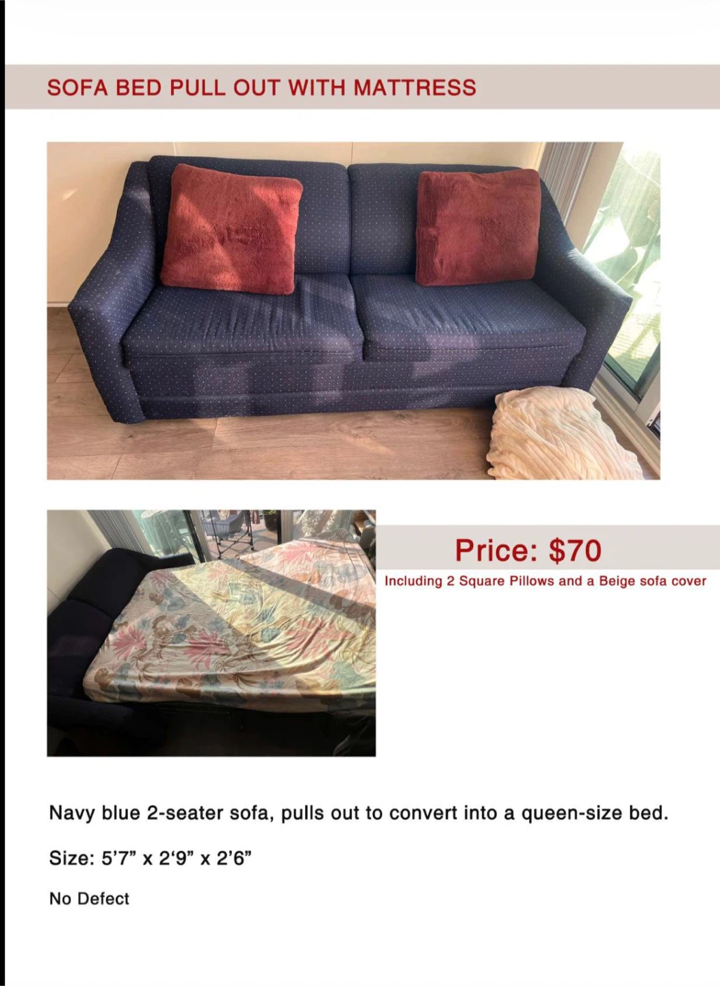 Navy Blue 2-Seater Pull-Out Sofa Bed
