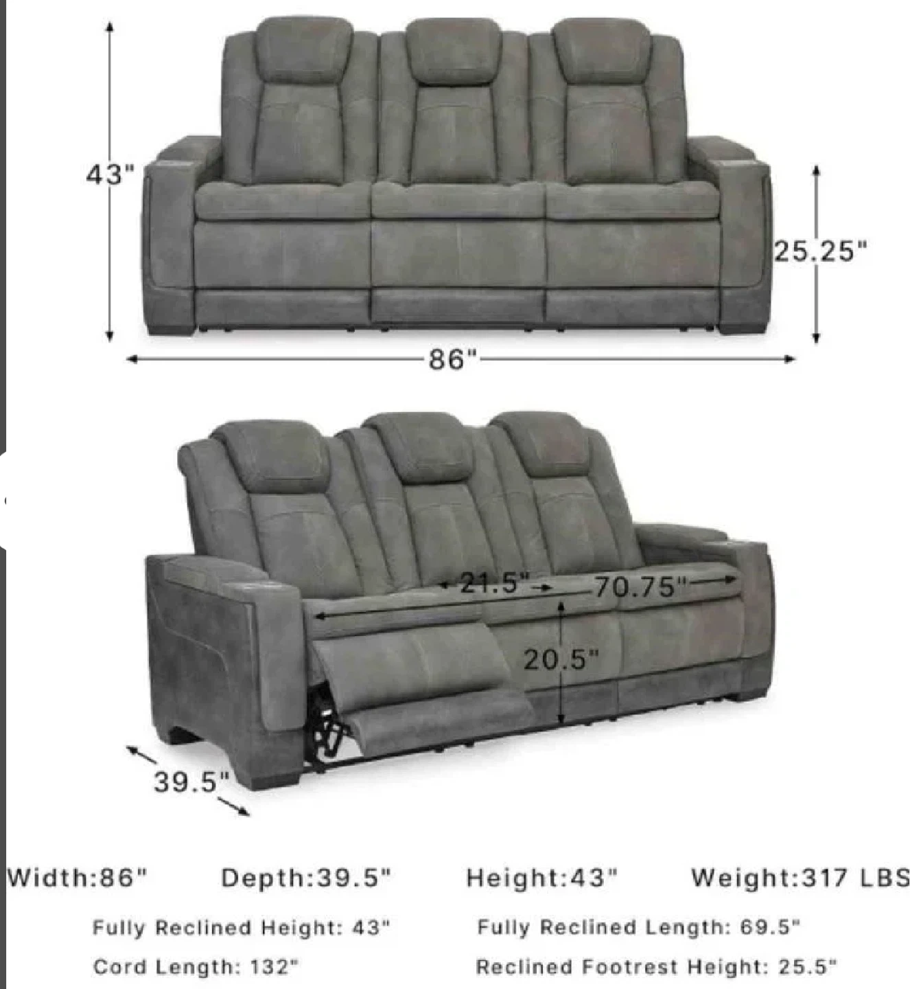 Grey Three-Seater Reclining Power Sofa - photo 2
