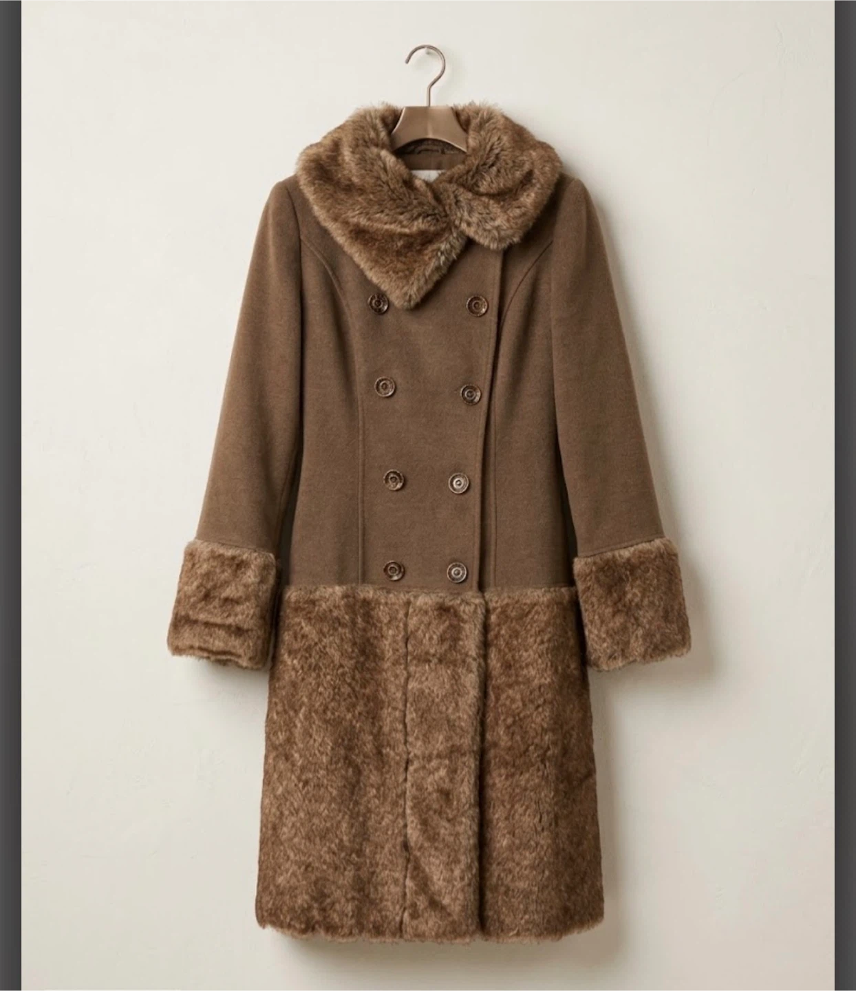 Brown Double-Breasted Faux Fur Trim Coat