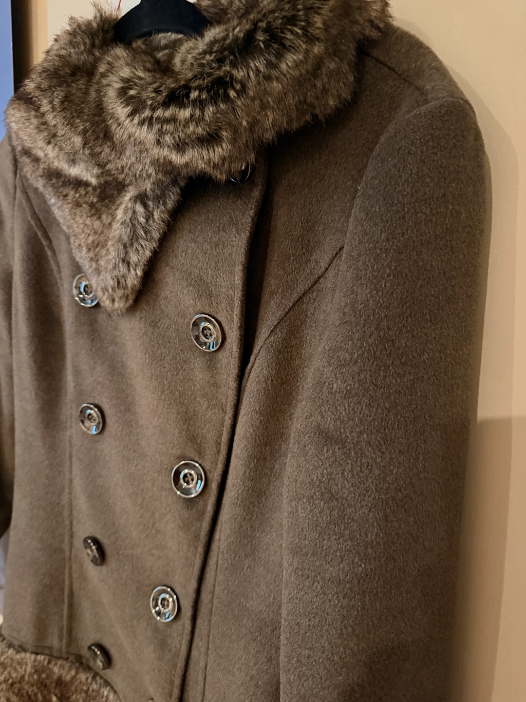 Brown Double-Breasted Faux Fur Trim Coat - photo 2