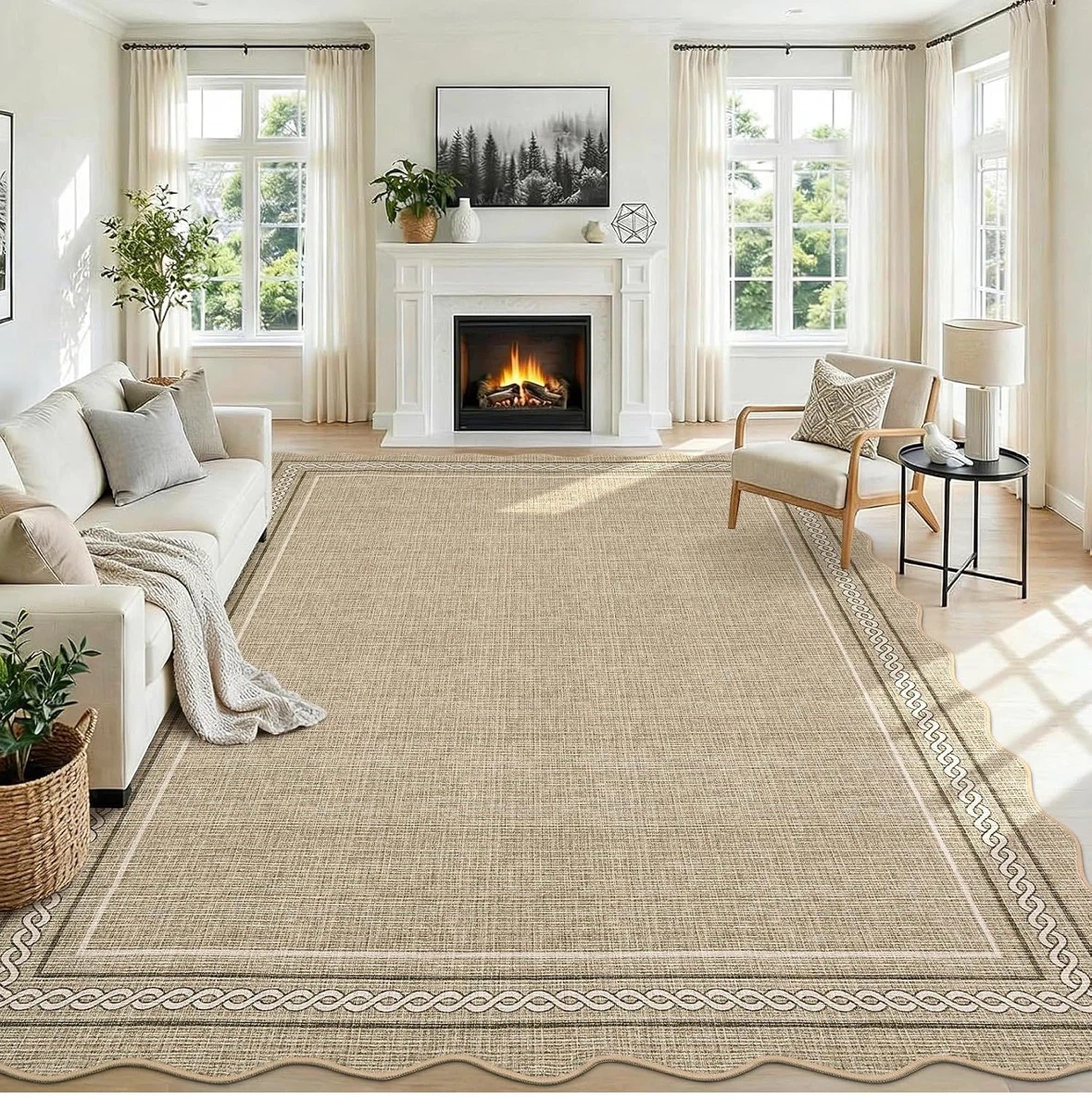 Beige Scalloped Edge Area Rug 9x12 ft