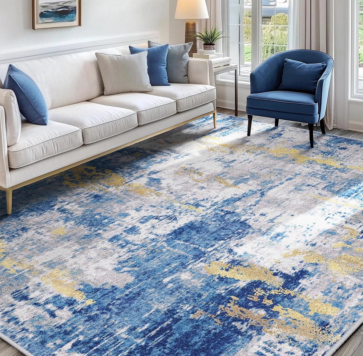Blue and Gold Abstract Area Rug 8x10 ft - photo 2