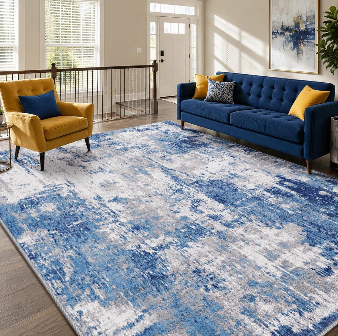 Blue and White Abstract Area Rug 8x10 ft