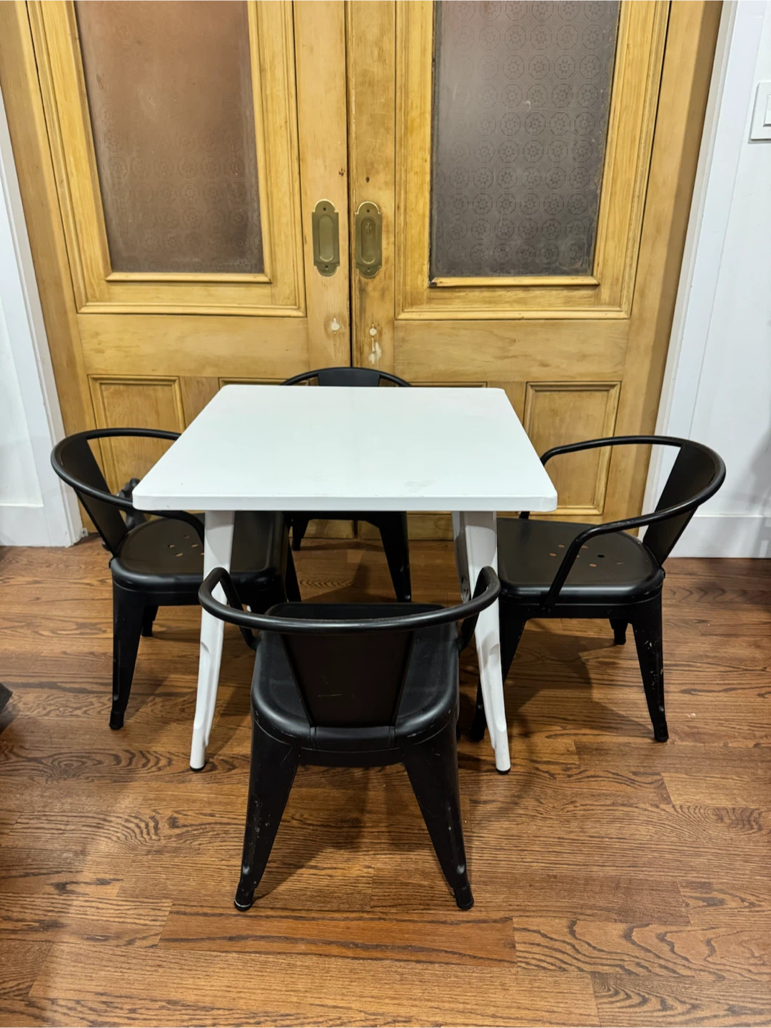 White Metal Square Table and 4 kids industrial chairs