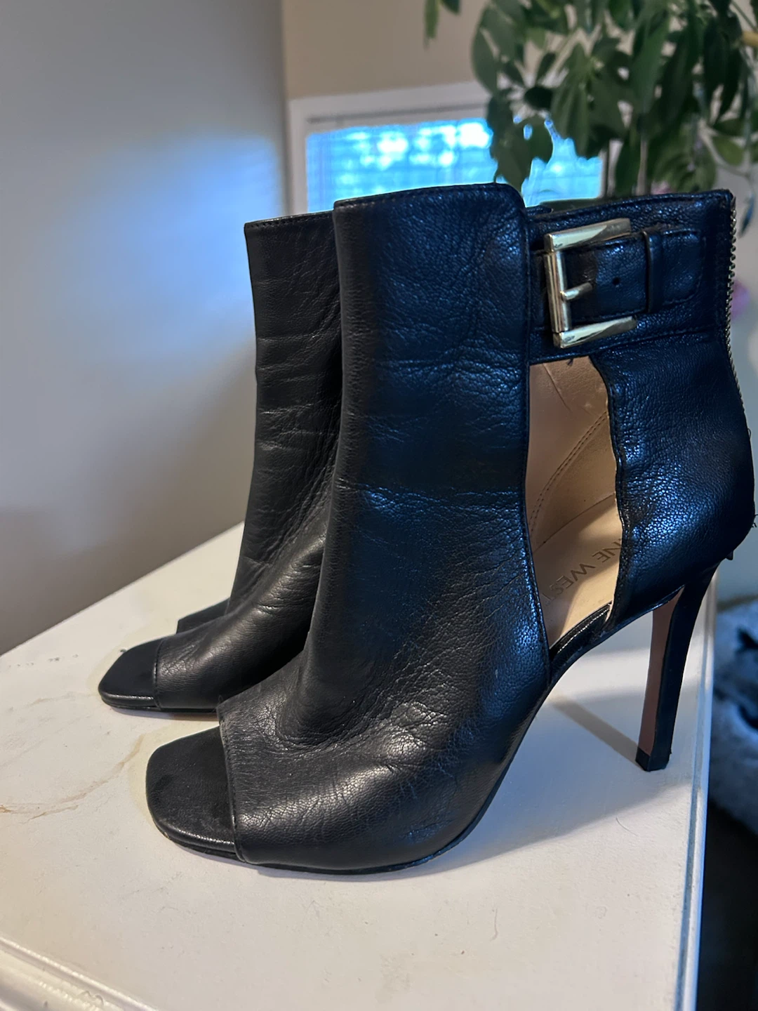Nine West Black Leather Peep-Toe Ankle Boots