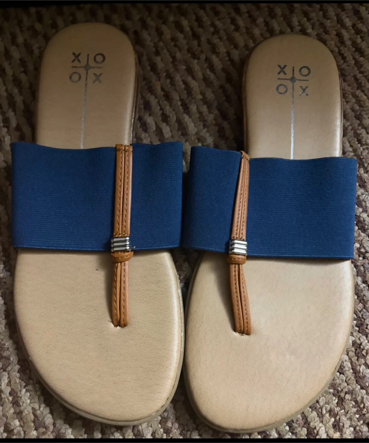 XOXO Blue & Tan Slip-On Sandals ~ Size 7