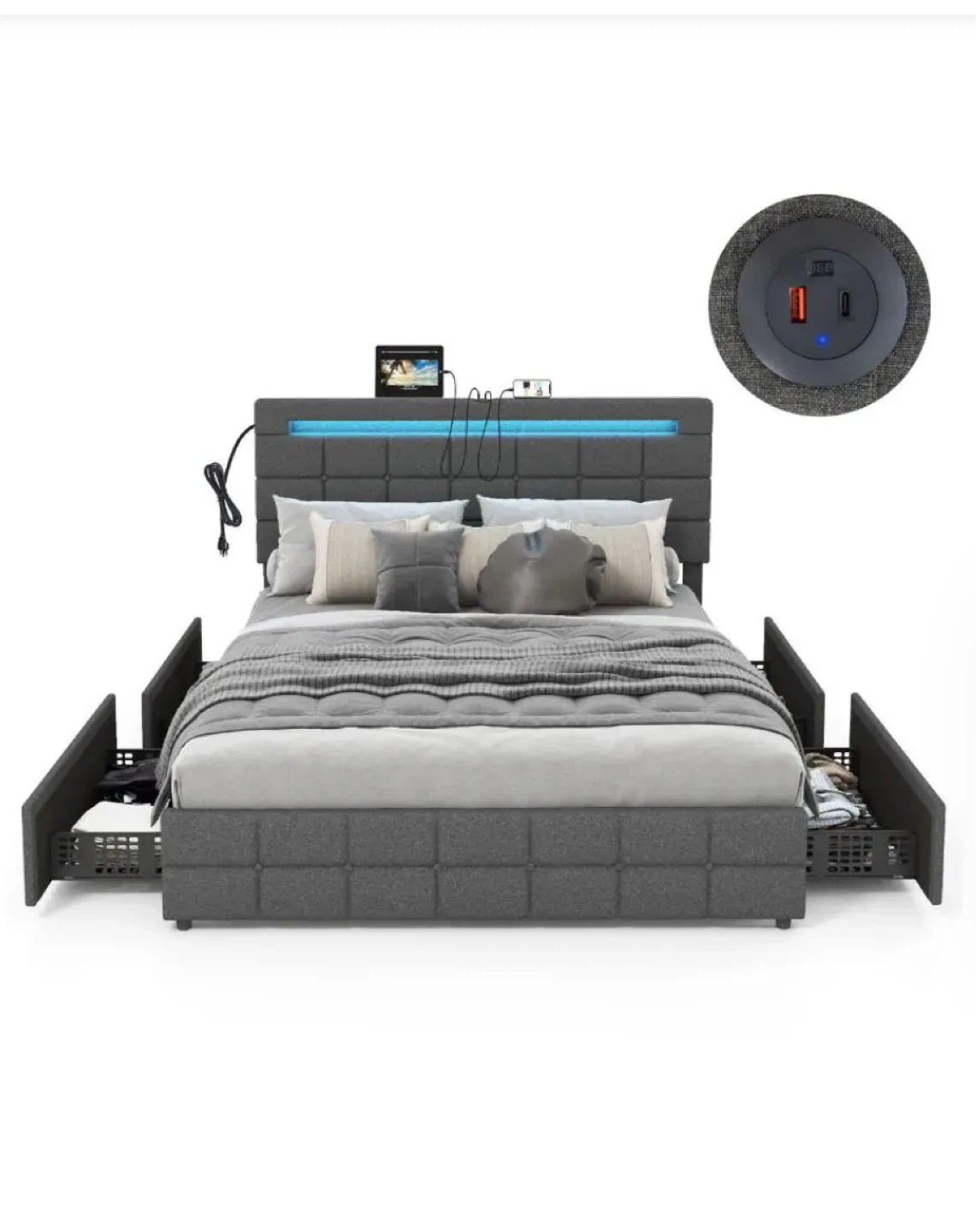 Gray Upholstered Bed Frame with LED Light and Storage