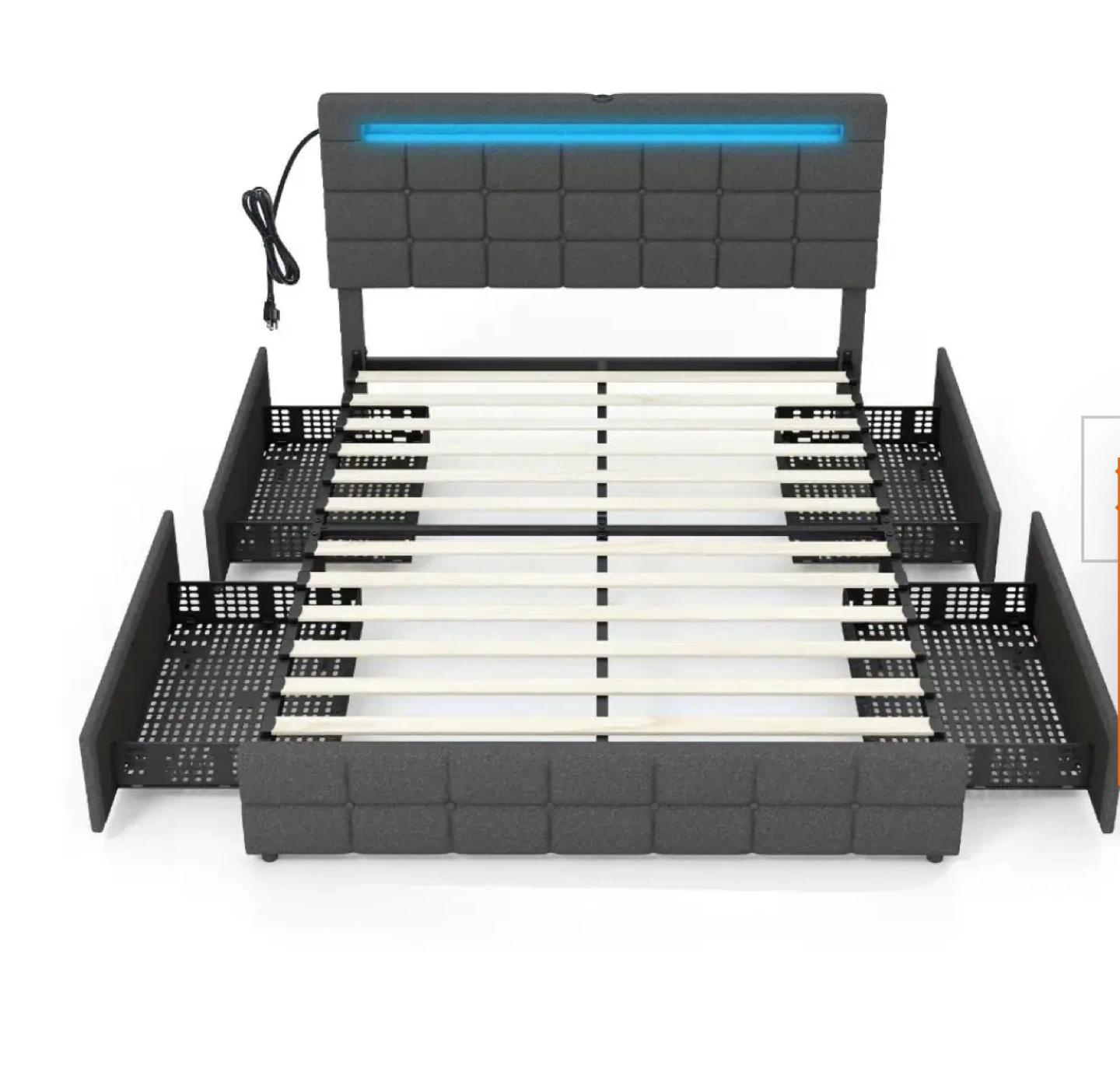Gray Upholstered Bed Frame with LED Light and Storage - photo 2
