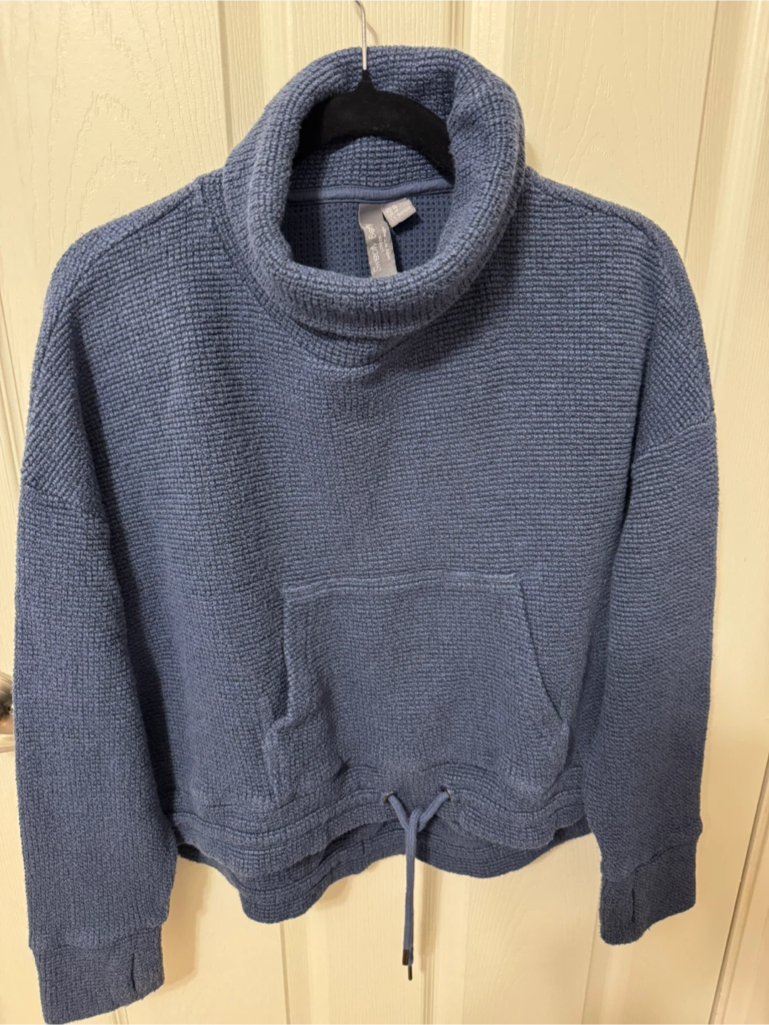 Athleta Blue Waffle Knit Cowl Neck Pullover with Pocket