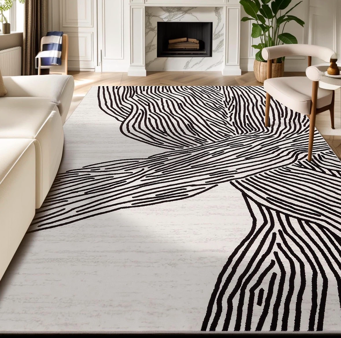 Abstract Black and White Area Rug 8x10ft