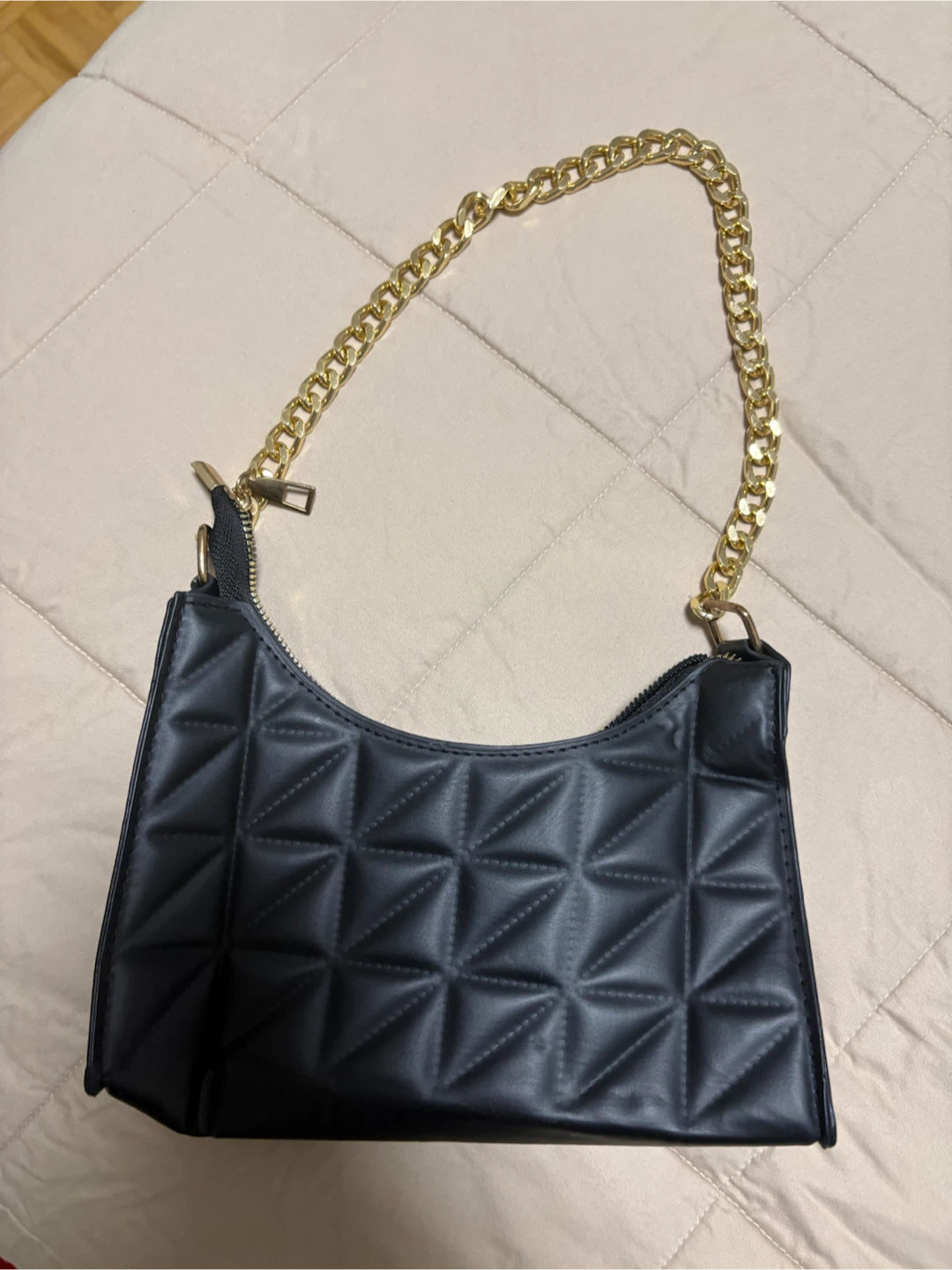 Black Quilted Shoulder Bag with Gold Chain