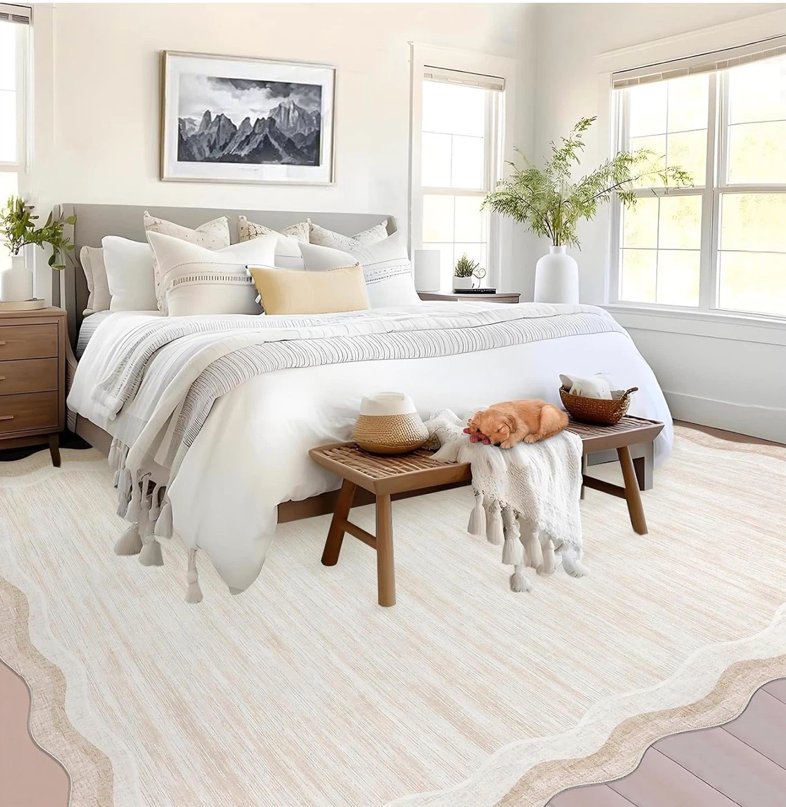 Cream and Beige Scalloped Area Rug 9x12 ft