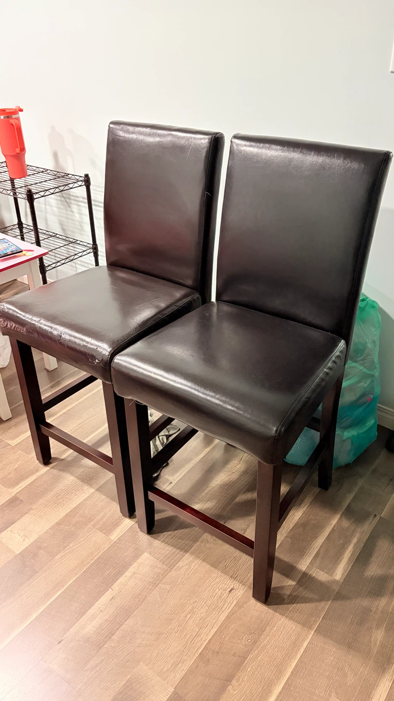 Two Brown Faux Leather Bar Stools
