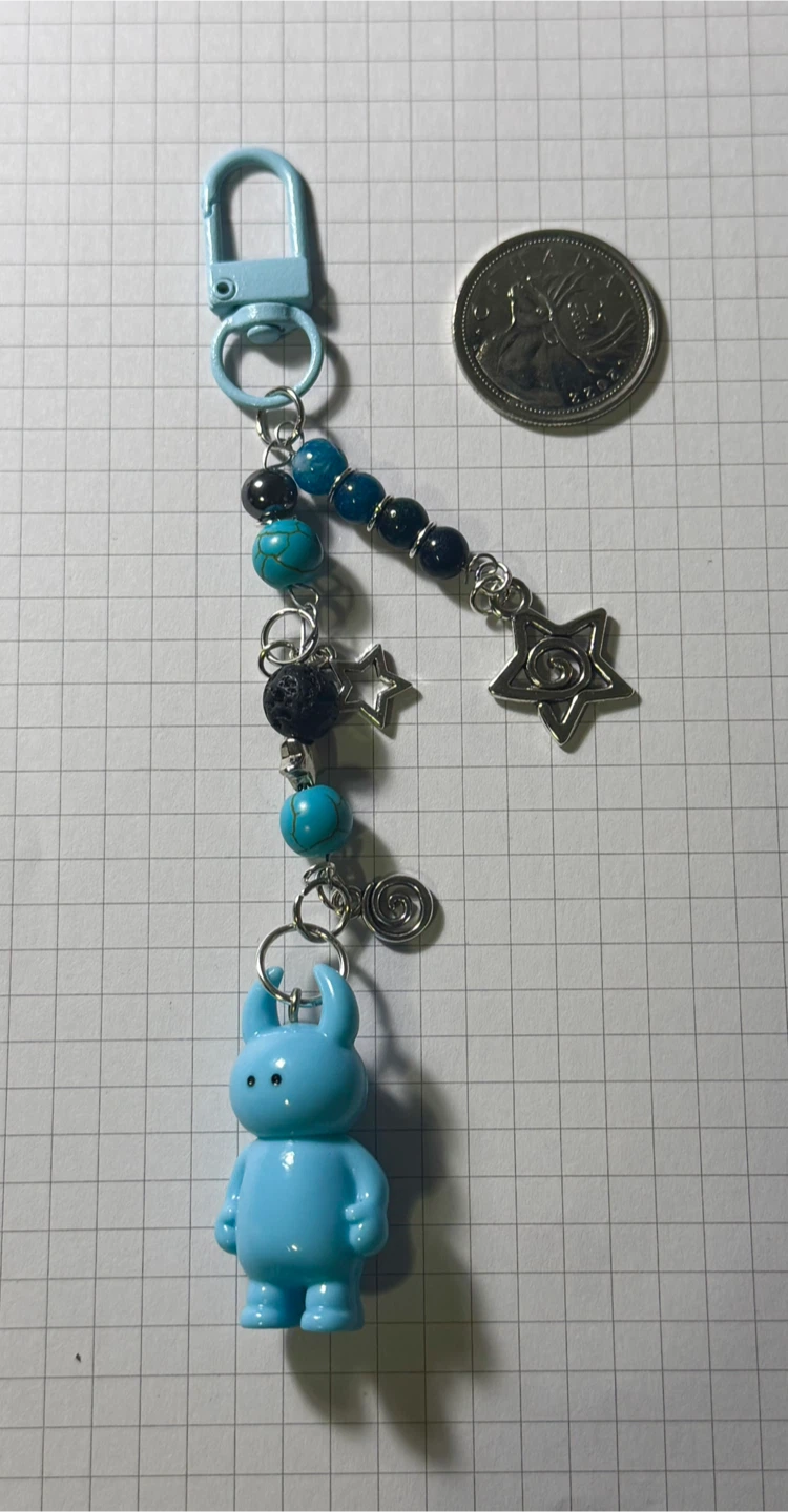 Blue Alien Charm and Bead Keychain