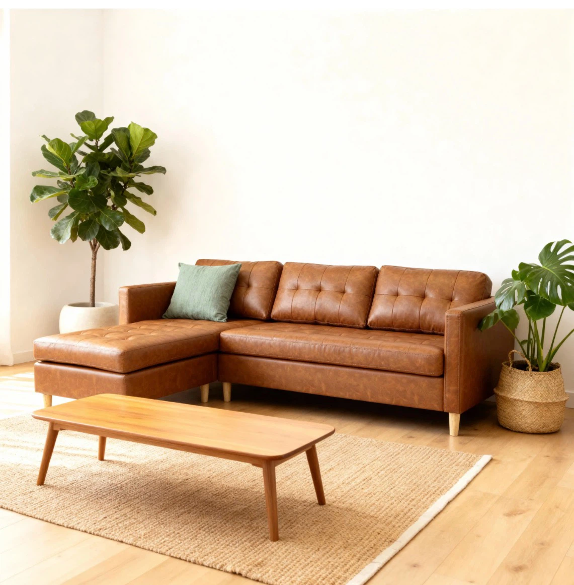 Mid-Century Modern Faux Leather Sectional Sofa