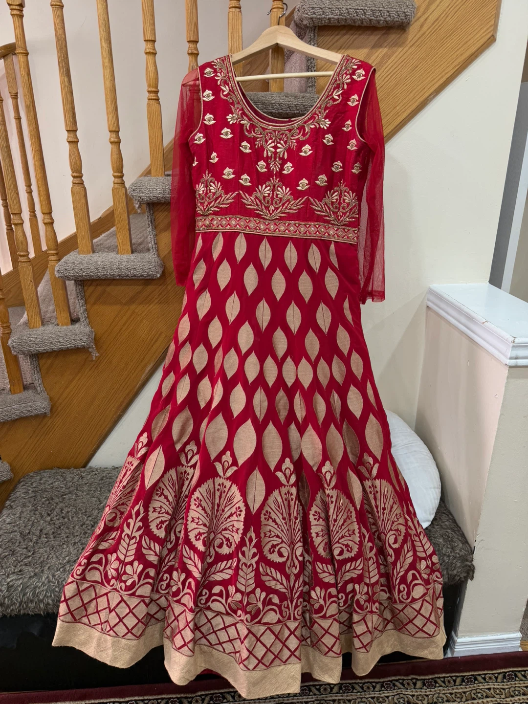 Red embroidered dress with sheer sleeves