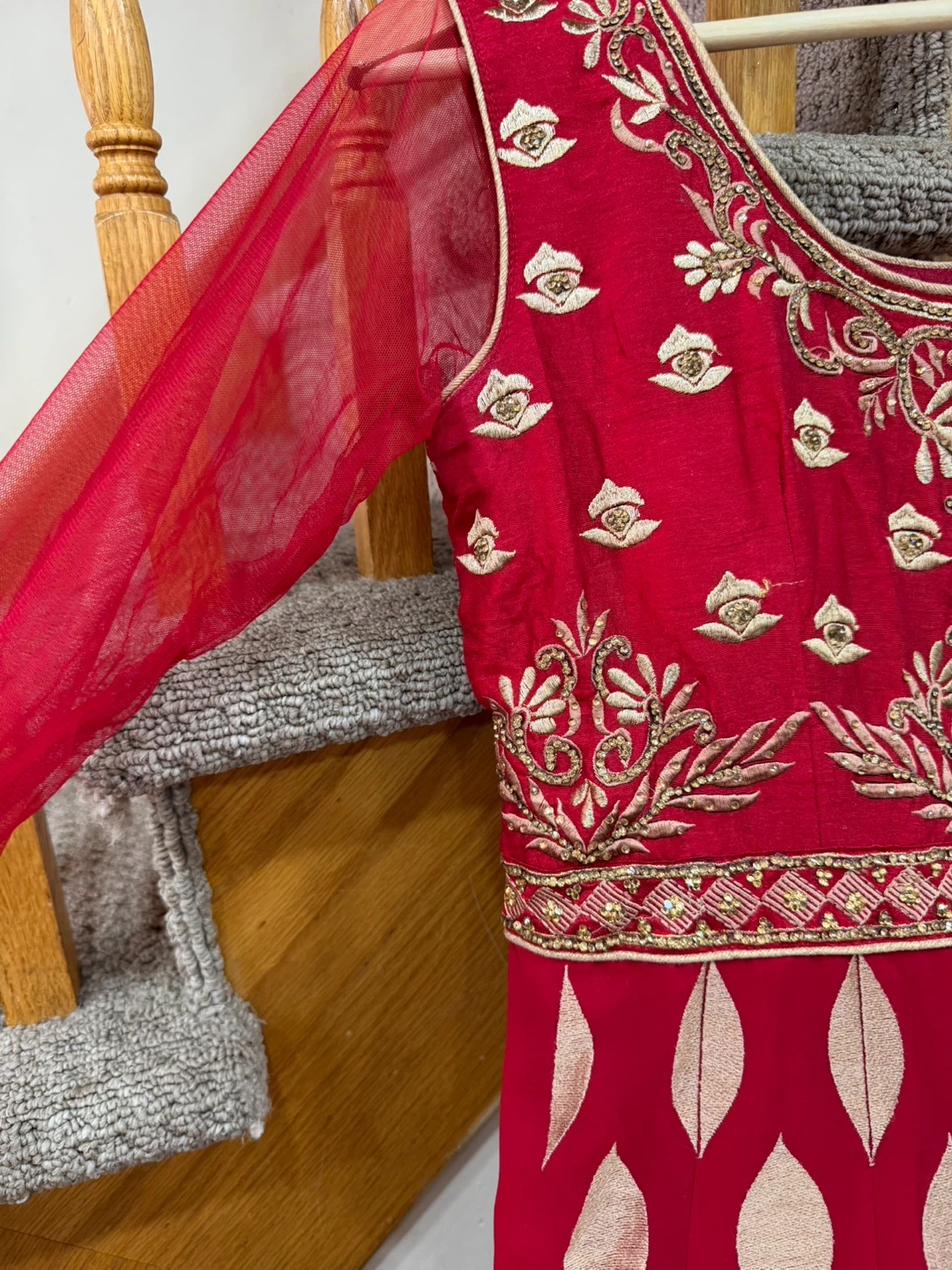 Red embroidered dress with sheer sleeves - photo 3