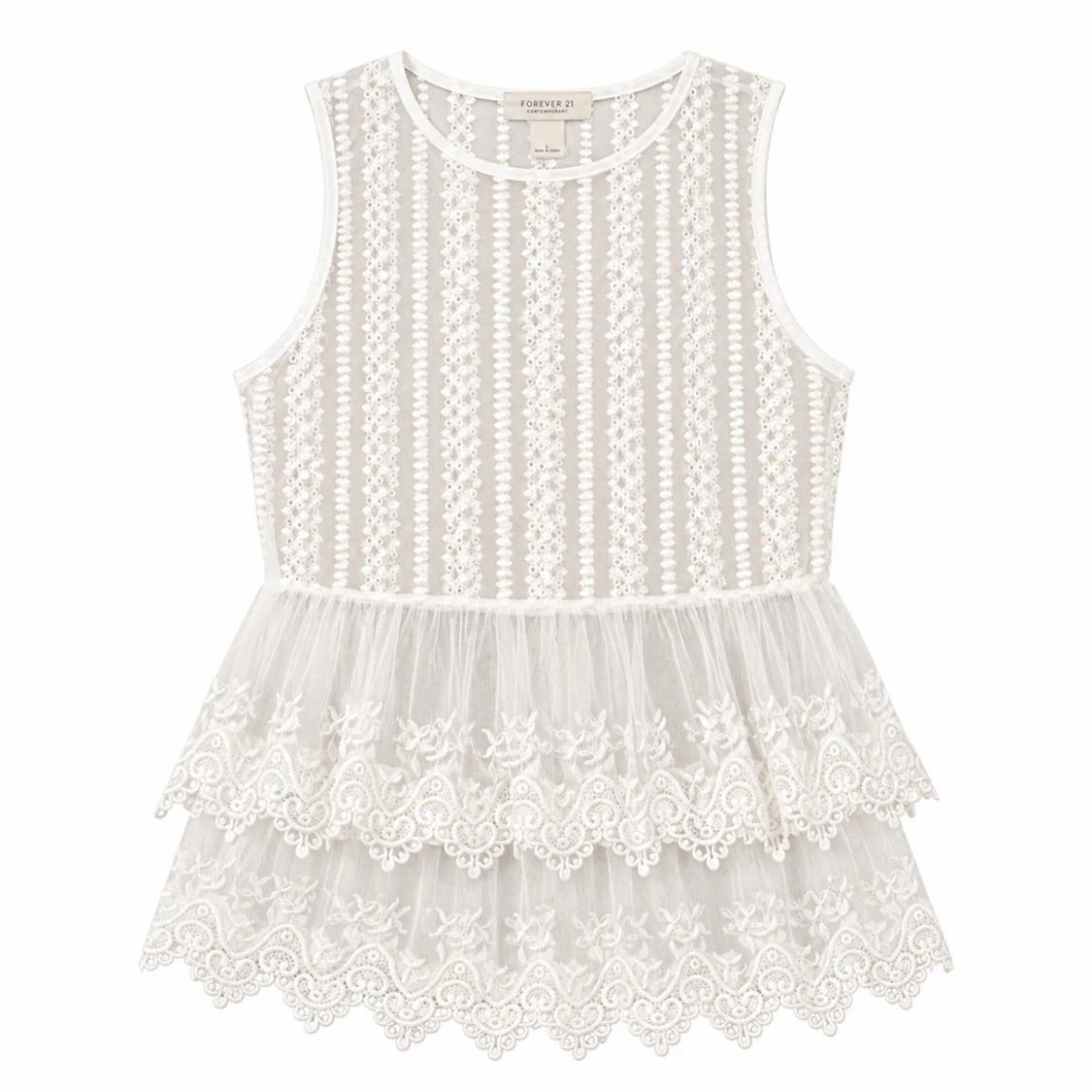 FORVER21 CONTEMPORARY WHITE/IVORY SHEER LACE PEPLUM TOP SZ M