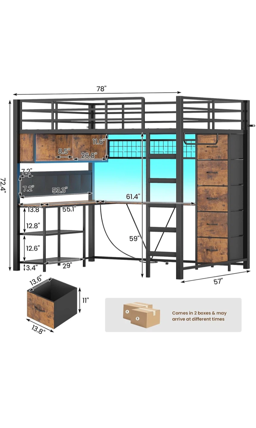 FULL Metal black Loft Bed with Built-in Desk and Storage