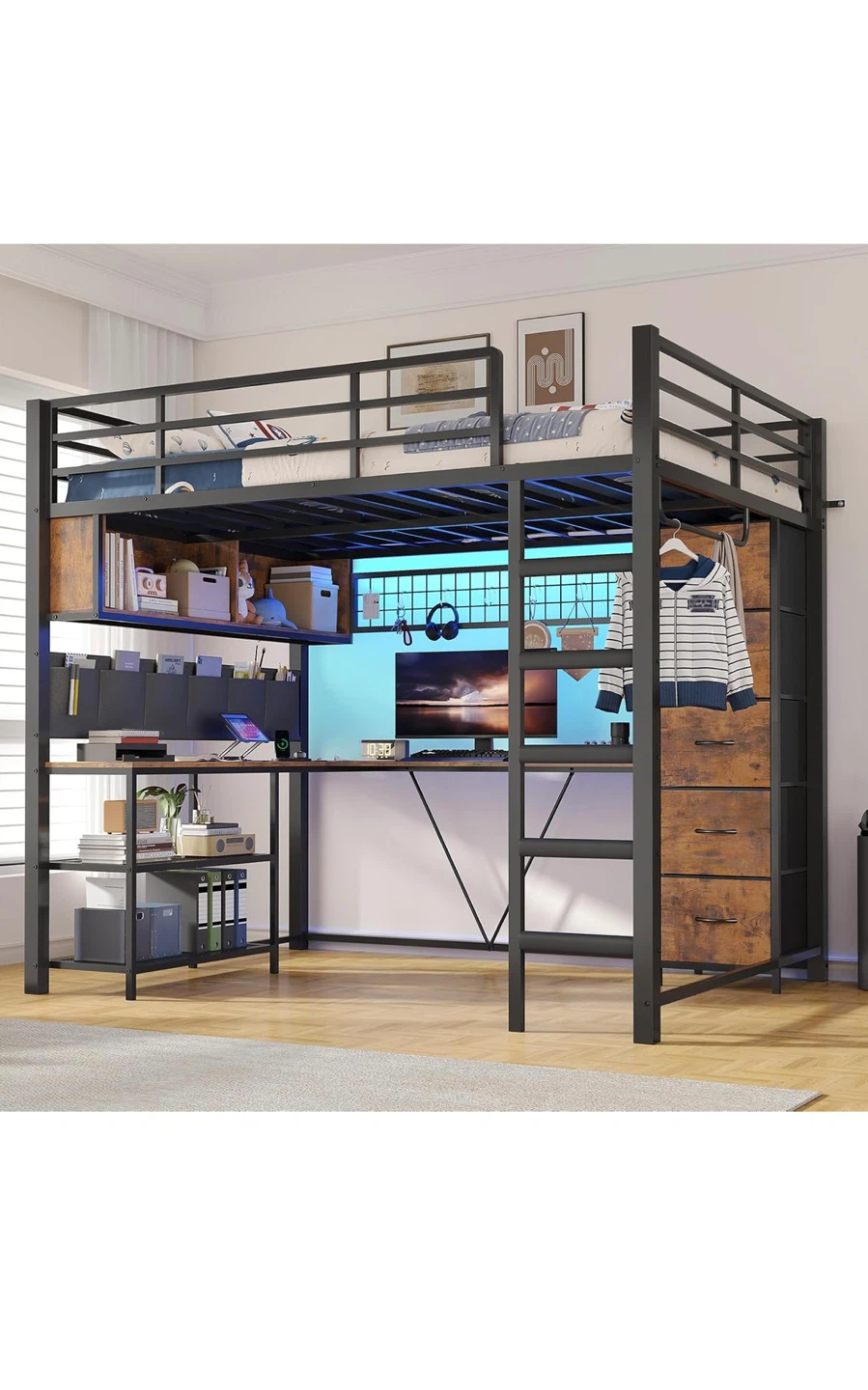 FULL Metal black Loft Bed with Built-in Desk and Storage - photo 2