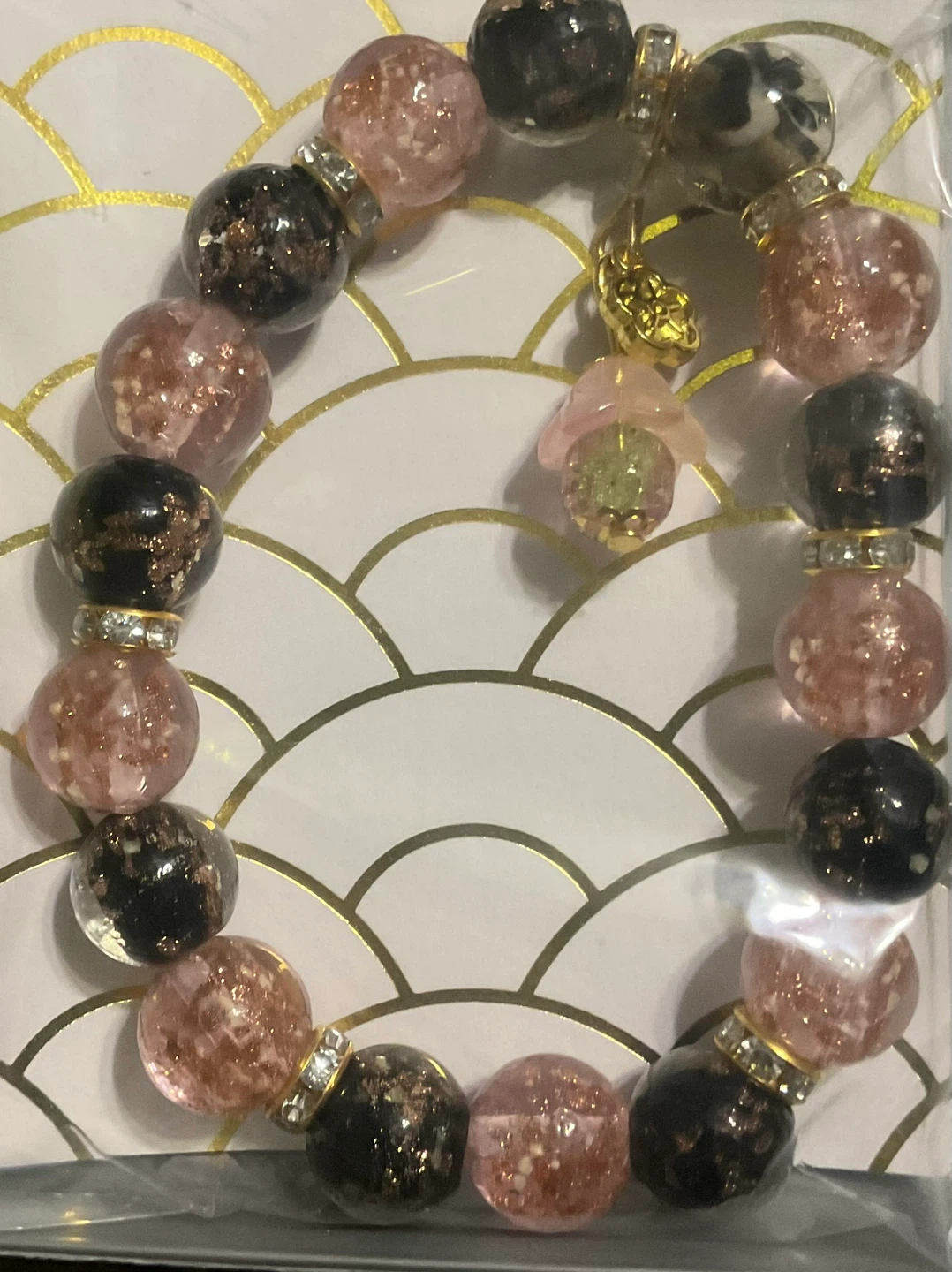 Beaded Stretch Bracelet with Pink and Black Beads