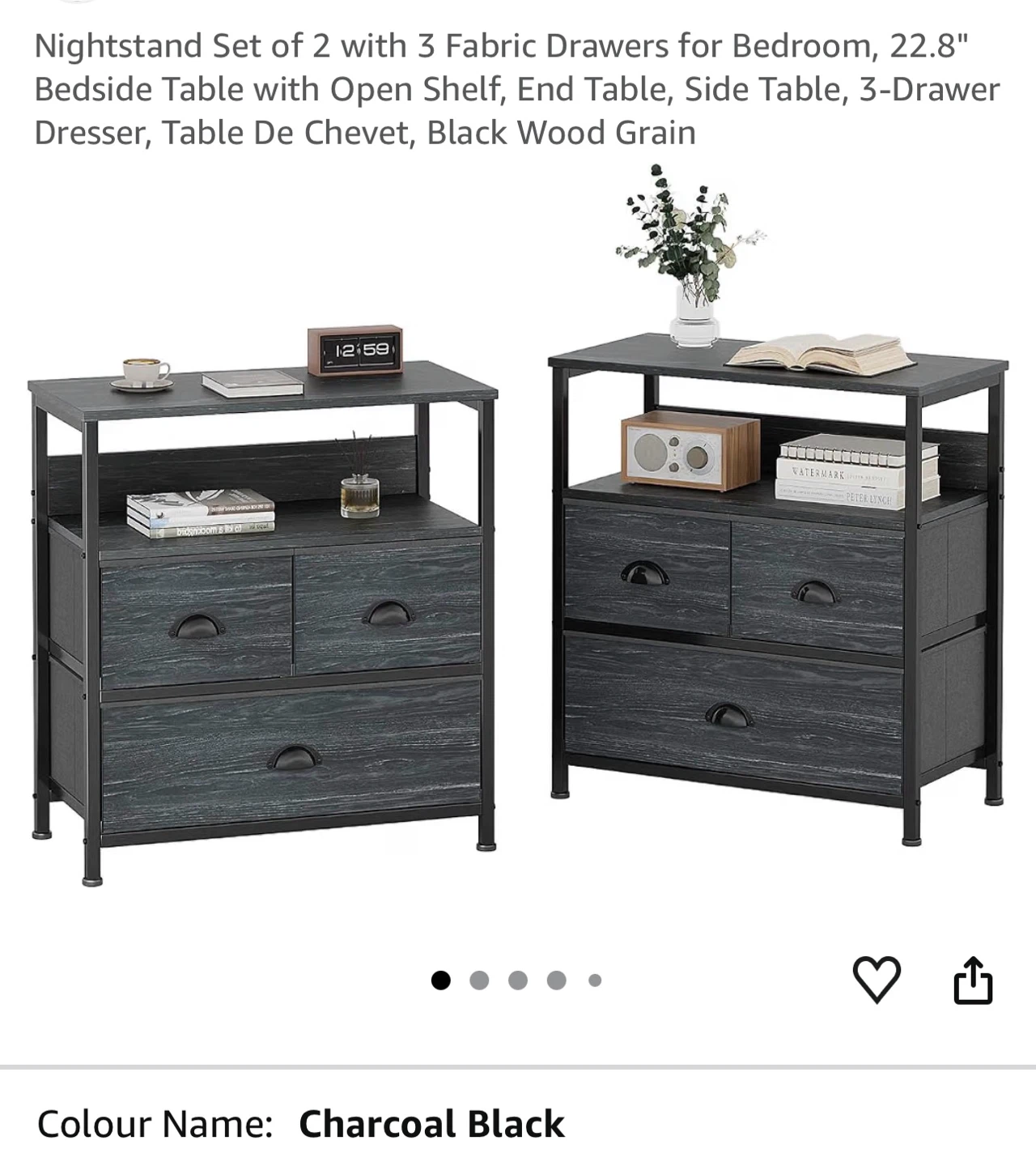 Charcoal Black 3-Drawer Nightstand with Open Shelf