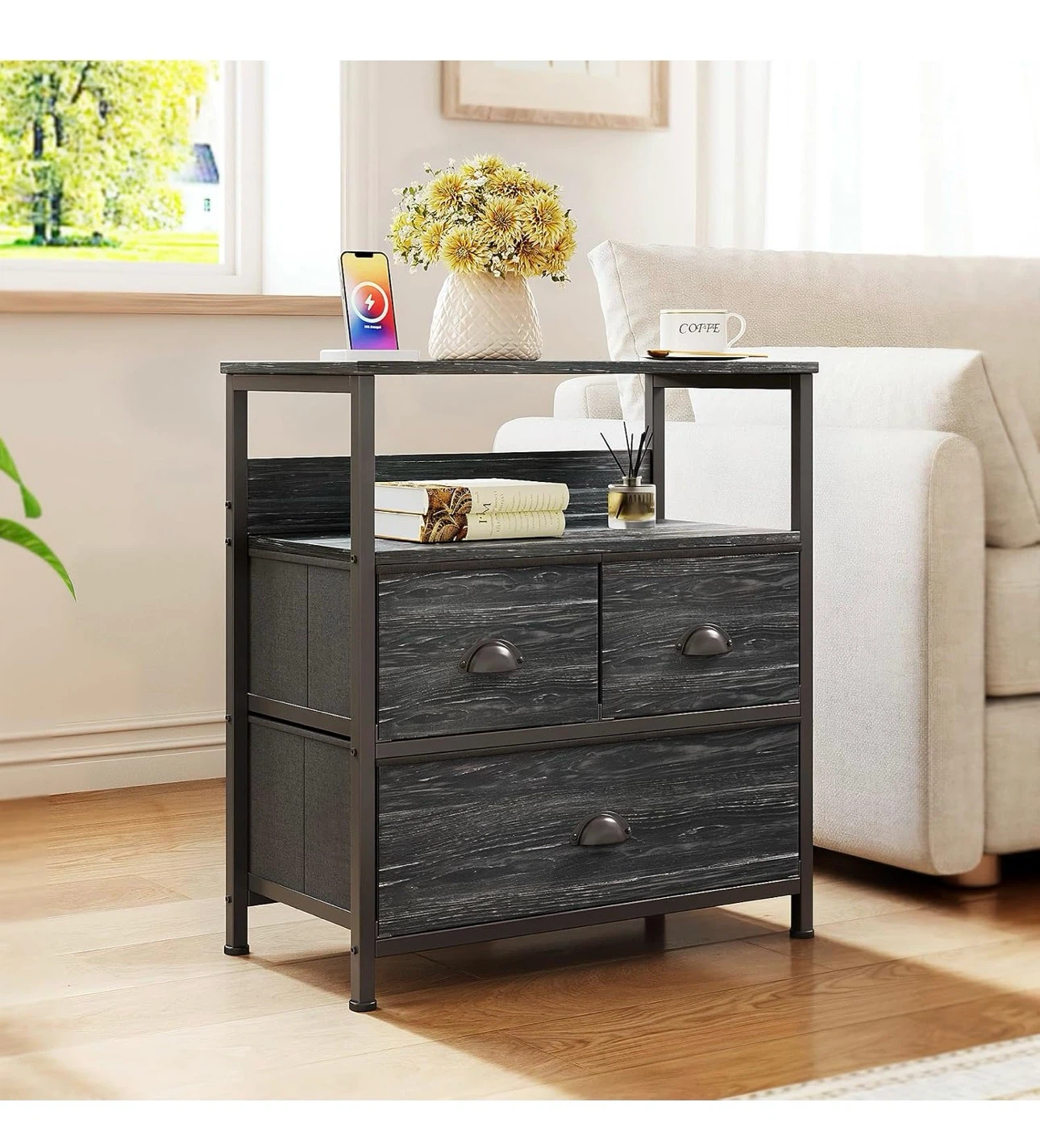 Charcoal Black 3-Drawer Nightstand with Open Shelf - photo 2