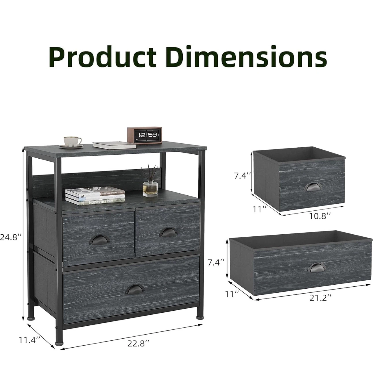 Charcoal Black 3-Drawer Nightstand with Open Shelf - photo 3