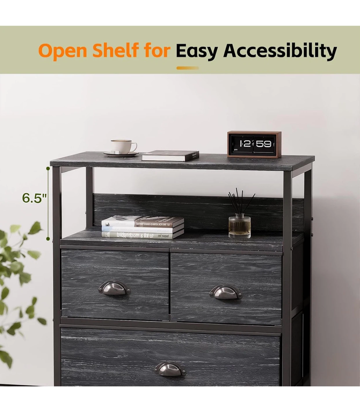 Charcoal Black 3-Drawer Nightstand with Open Shelf - photo 5