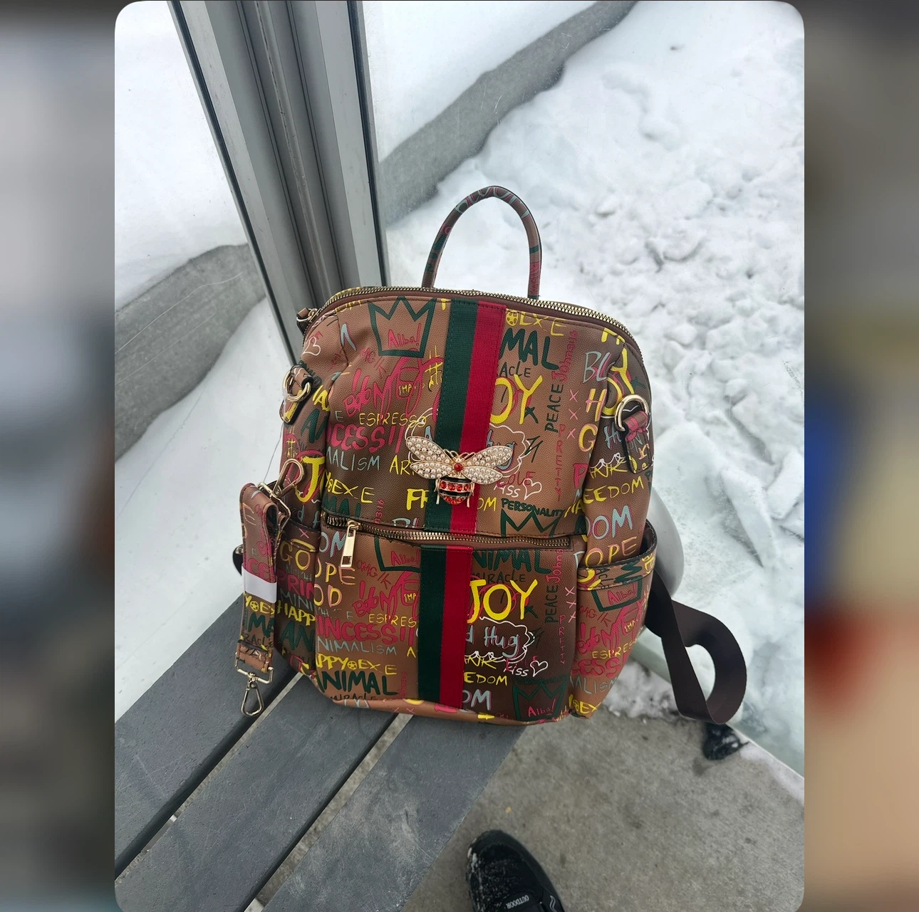Brown Graffiti Print Backpack with Bee Embellishment