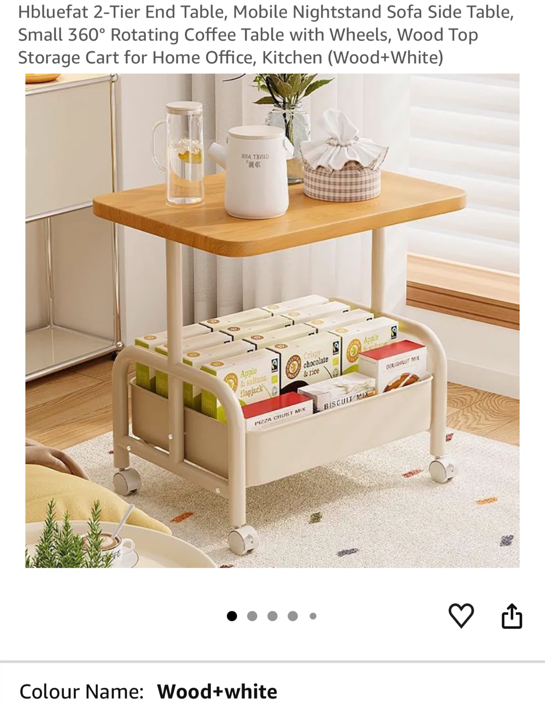 Hbluefat 2-Tier End Table with Wheels -Wood+White 2TT