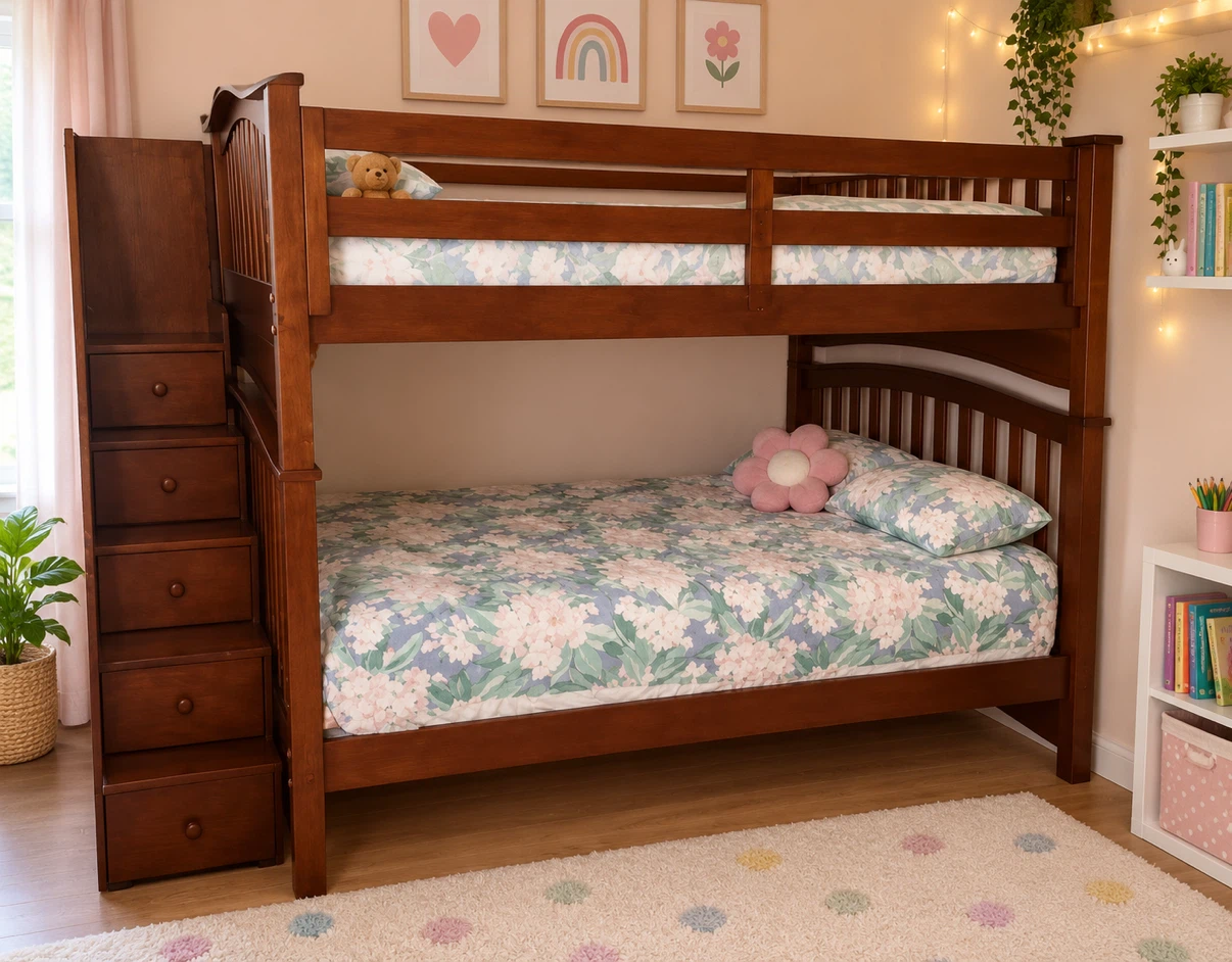 Wooden Bunk Bed with Stairs and Drawers